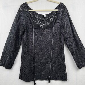 Saks Fifth Avenue Black Lace‎ Tunic Top Silver Detail Tassel Size Small